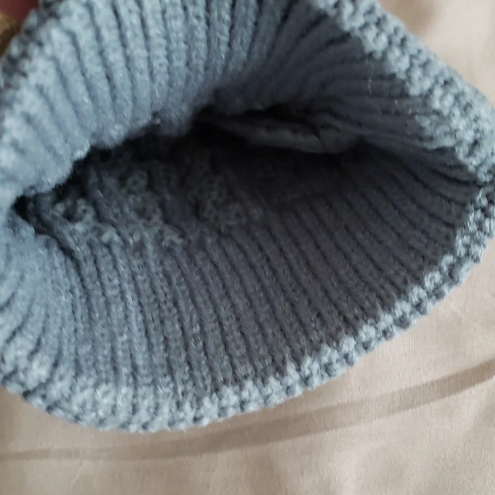 Blue Gray Knit Baby Beanie with Faux Fur Pom